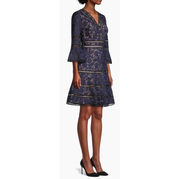 Shani Floral Jacquard Lattice Trim Fit & Flare Midi-Dress in Black/Blue NWOT Siz - Picture 2 of 8